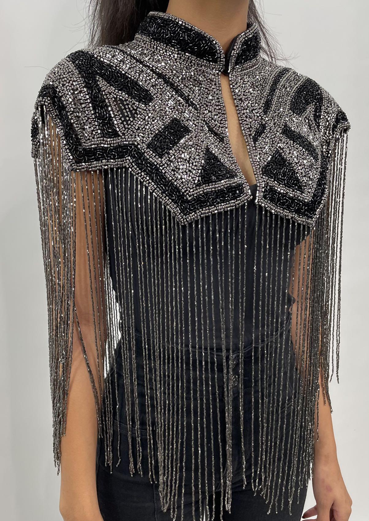 Luxe Hand Beaded Fringe Cape with Silk Collar - Gunmetal