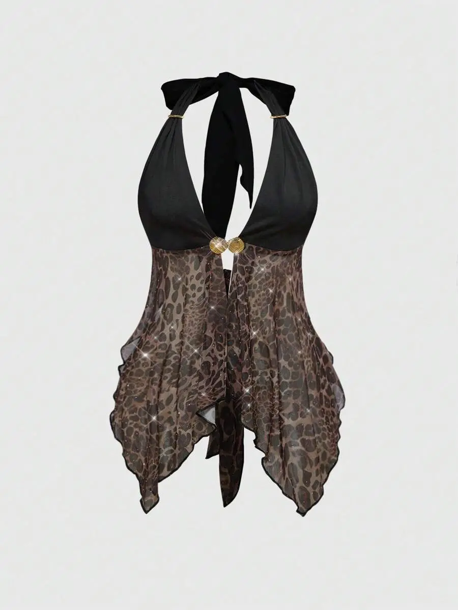 LUNA LAYER Womens Grunge Punk Leopard Rhinestone Metal Chain Halter Neck Asymmetrical Hem Sexy Tank Top Coffee Brown Aesthetics Animal Animal Print Backless