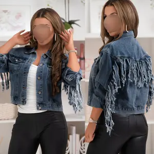 Women's Stylish Fringe Tassel Decor Cropped Denim Jacket Slim Casual Short Jean Jacket Daily Street Outfit