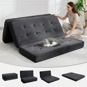 Garvee 6-Inch Tri-Fold Mattress - Foldable Sofa Bed and Floor Guest Mattress with High-Density Support Foam, Tufted Corduroy Design, Portable for Camping, Dorm, Living Room, Bedroom, 75" x 54.3", Black, Grey, Green