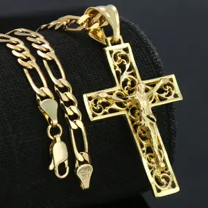 Jesus Crucifix Cross Brass Pendant & 14K Stamped 4mm 20" 24" Figaro Chain Hip Hop Necklace Fashion Jewelry