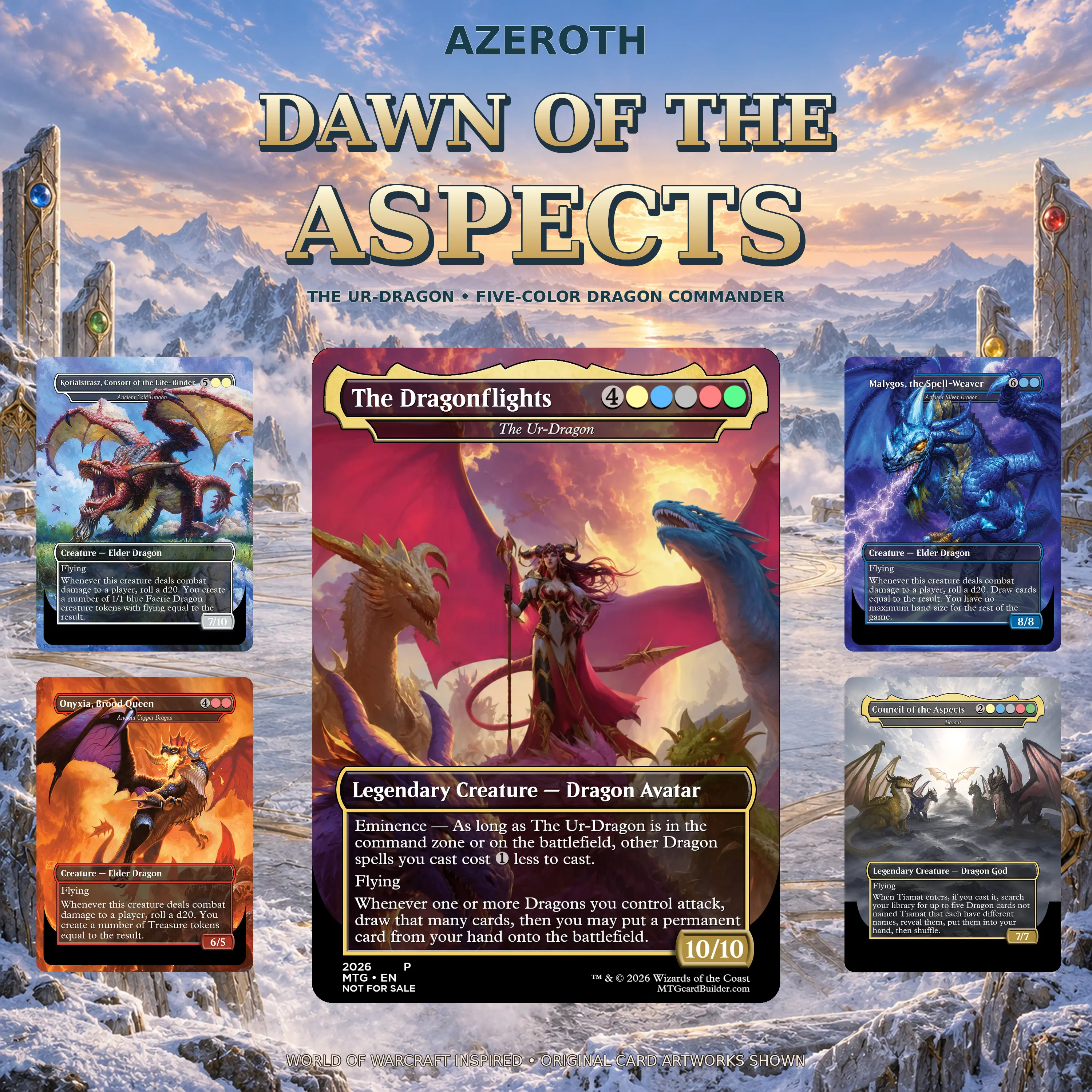 World of Warcraft-Inspired Dawn of the Aspects Complete Commander Deck – 100+ Cards, Five-Color Dragon Tribal, Dragonflights, Treasure & Fan-Made Custom Art EDH Set