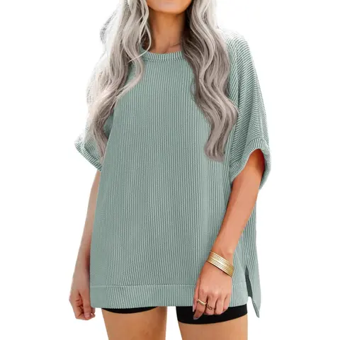 Imily Bela Womens Oversized T Shirts Summer Casual Loose Fit Striped Knit Batwing Sleeves Tunic Tops