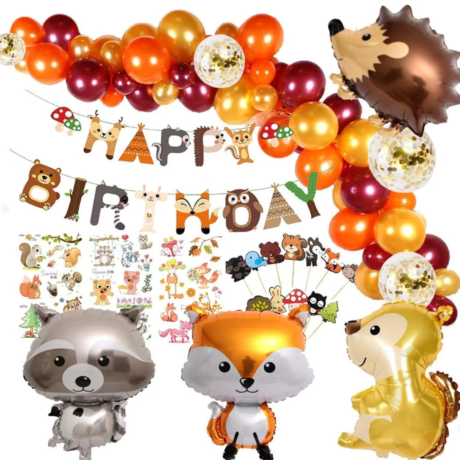 Animal Birthday Party Decorations, Woodland Happy Birthday Banner Hedgehog, Squirrel, Fox, Raccoon Animal Balloon Garland & Arch Kit For Boy Girl Baby Shower Birthday Supplie