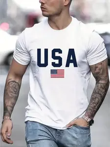 Men's USA Flag Patriotic Print 100% Cotton T-Shirt - Slim Fit Breathable Short Sleeve Round Neck Tee for Casual & Outdoor Wear, All-Season Comfort, Machine Washable, Leisure Clothing, American Flag Design, Comfortable Fit