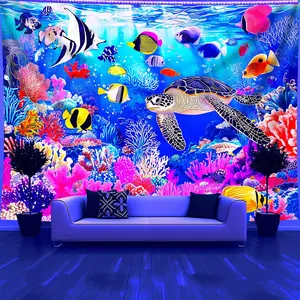 1pc Underwater World Coral Sea Turtle Small Fish- Glow In The UV Light Banner Tapestry, Large Size Peach Skin Fluorescent Printing Tapestry, Bedroom Hanging Tapestry For Party Festival, Bedroom Home Decor Supplies, Wall Decoration With Free Accessories