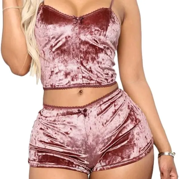 Women's Velvet 2PCS Outfits Spaghetti Strap Crop Top Comfort Womenswear