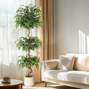 【Christmas Gift】Banyan Tree Artificial Tree - 6ft, 4ft, 5ft, 6ft - Fake Silk Tree with White Flower Pot for Indoor/Outdoor Living Room Decor Decorative Faux Fruit Plant Decoration Leaf Minimalist Moss Nature Ornaments