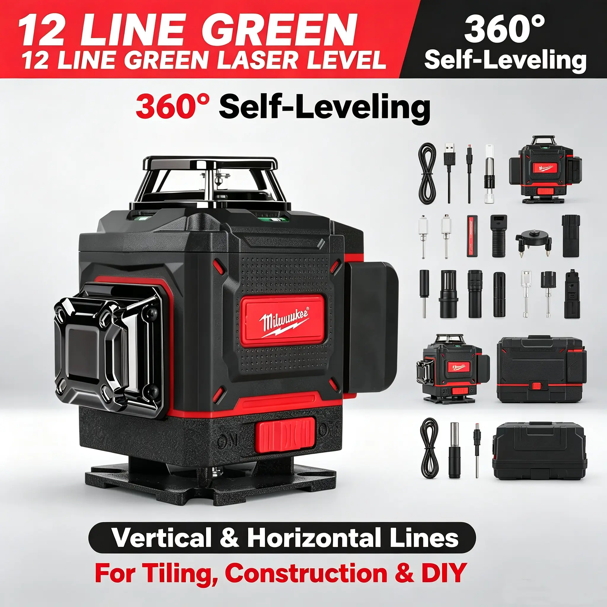 Milwaukee 3-4D Green Beam Laser Level, 16-Line 360° Self-Leveling Tool with Vertical & Horizontal Cross Lines, Rechargeable Battery-Powered Layout Tool for Construction, Tile Projects
