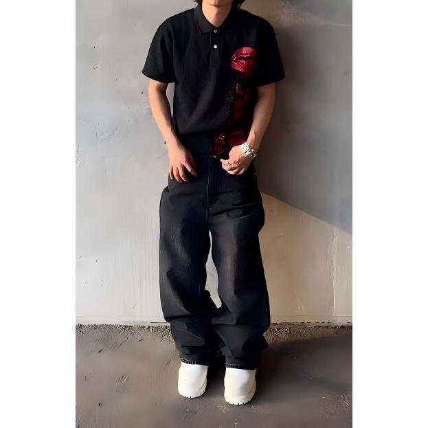 Y2K Polo Shirt Harajuku Graphic Print Rock Goth Oversized Short Sleeve T-Shirt Hip Hop Button-Down Collar Shirt Punk Casual Tee