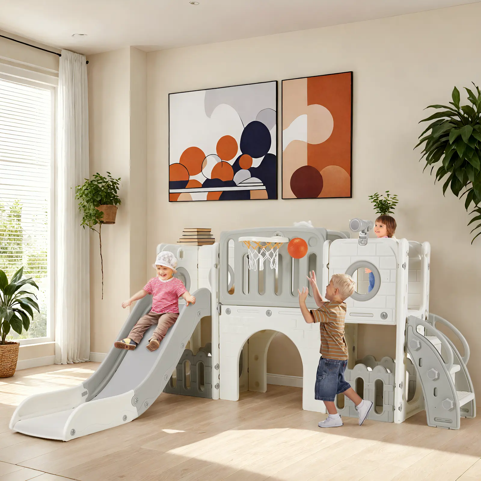 Arlopu 9 in 1 Large Toddler Slide, Kid Playset w/Long Slope, Baby Climber Set w/Basketball Hoop, Telescope, Tunnel, Storage Space, Enclosed Steps, Indoor Outdoor Playground, summerwins
