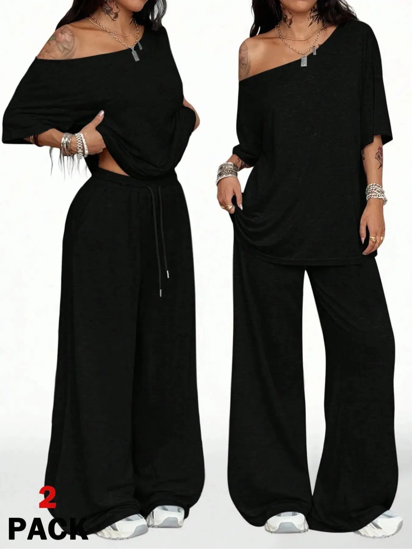 Women's Plain Color Solid Home Set, Asymmetrical Shoulder Design, Casual Loose Fit, Summer Thin Knit Fabric, Outdoor & Indoor Wear, Loungewear, Loungewear Pjs, Nightwear, Pajamas, Homewear, Casual Sleepwear
