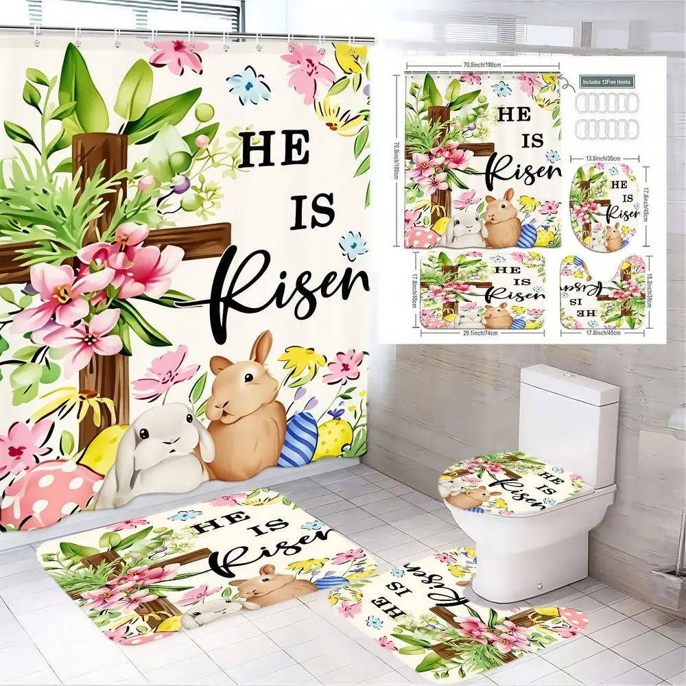 1/4pcs Easter Bathroom Set - Shower Curtain with Wooden Cross, Pink Flowers, Rabbits, Colorful Eggs & 'HE IS RISEN' + Matching Bath Mat, Toilet Cover, Floor Runners - Religious Easter Decor for Bathroom Shower Curtain Sets