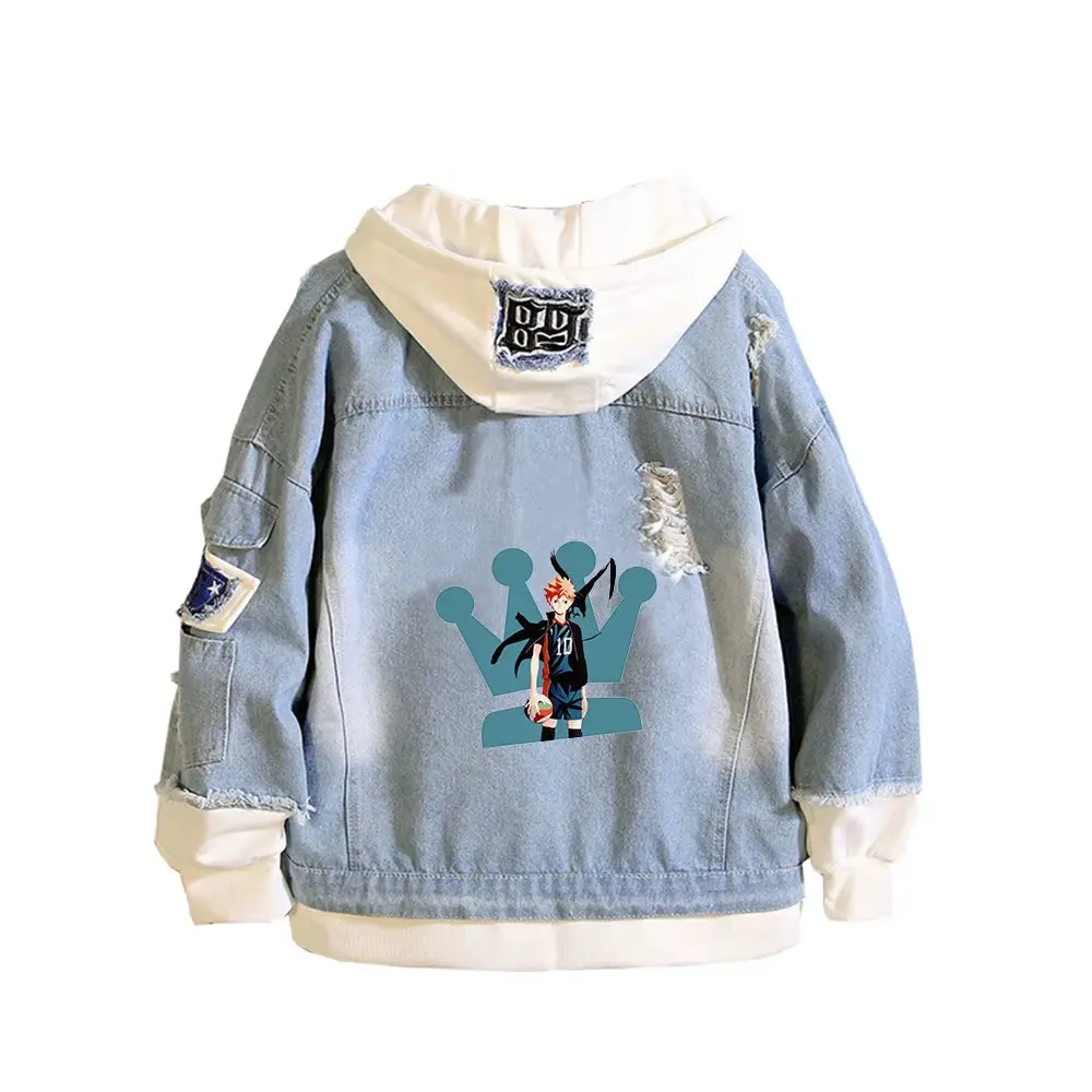 Haikyuu Karasuno VBC Print Women Jeans Jacket Anime Demin Hoodies Hinata Shoyo Streetwear Cartoon Sweatshirt Couple Clothes