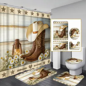 1/3/4PCS Western Cowboy Shower Curtain Set, 71x71 Inches, Includes Background Pattern, Comes with 12 Hooks, 1/3/4pcs Bath Curtains