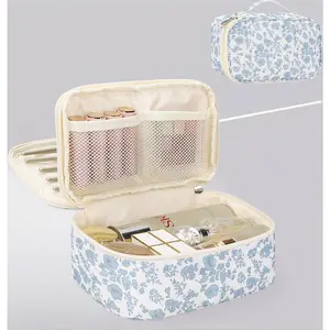 Double Layer Travel Makeup Bag with Brush Holder - Floral Cosmetic Organizer Pouch, Portable Toiletry Bag for Women. Perfect for Brushes, Skincare, Jewelry & Travel Essentials