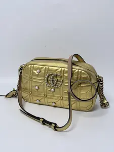Pre-owned GUCCI GG leather Crossbody Bags Authentic Gucci Metallic Gold Matelassé Pearl Studded GG Marmont Camera Bag JD317GG