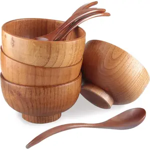 Bowls,Jujube Wooden  Bowl with Matching Spoon for Rice, Soup,Dip,Salad,,Decoration 4 Sets(4 Bowls 4.2 IN + 4 Spoons)