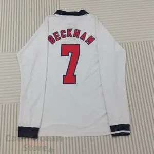 1998  World Cup England Red and White Home No. 7 David Beckham Long Sleeve Soccer Jersey Quick Drying