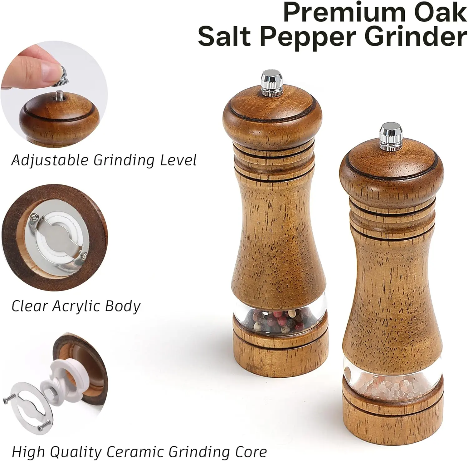 Wooden Salt and Pepper Set, Oak Wood Salt Grinders Shakers, Manual Pepper Mill with Acrylic Clear Window, for, Restaurant, Gifts - 6 inches, 2 Pack