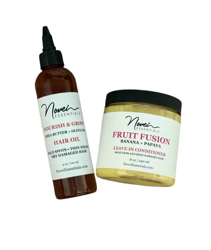 Novel Essentials Nourish & Fusion Duo - Hair Oil with Shea Butter & Olive Oil & Fruit Fusion Leave-In Conditioner Banana Papaya for Damaged Hair Care