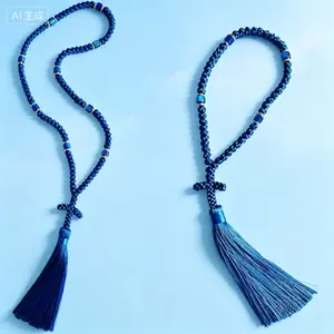 Greek Orthodox Prayer Rope 100 Knot Chotki with Cross Christian Prayer Beads Blue Omboskoini for Car Home Protection Blessing Gifts Handmade 50 Knot