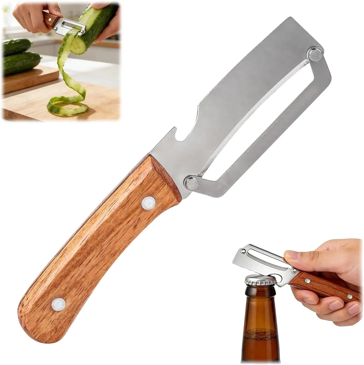 Stainless Steel Sharp Peeler with Wooden Non-Slip Ergonomic Handle, Built-In Bottle Opener, Long-Lasting Construction for Fruits & Vegetables, Essential Kitchen Tool