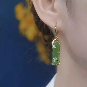 Green Bamboo Earrings 14K Gold Plated Oriental Inspired Zircon Pendant Design, Chic Fashion Jewelry Statement Earrings for Women DZEH2433