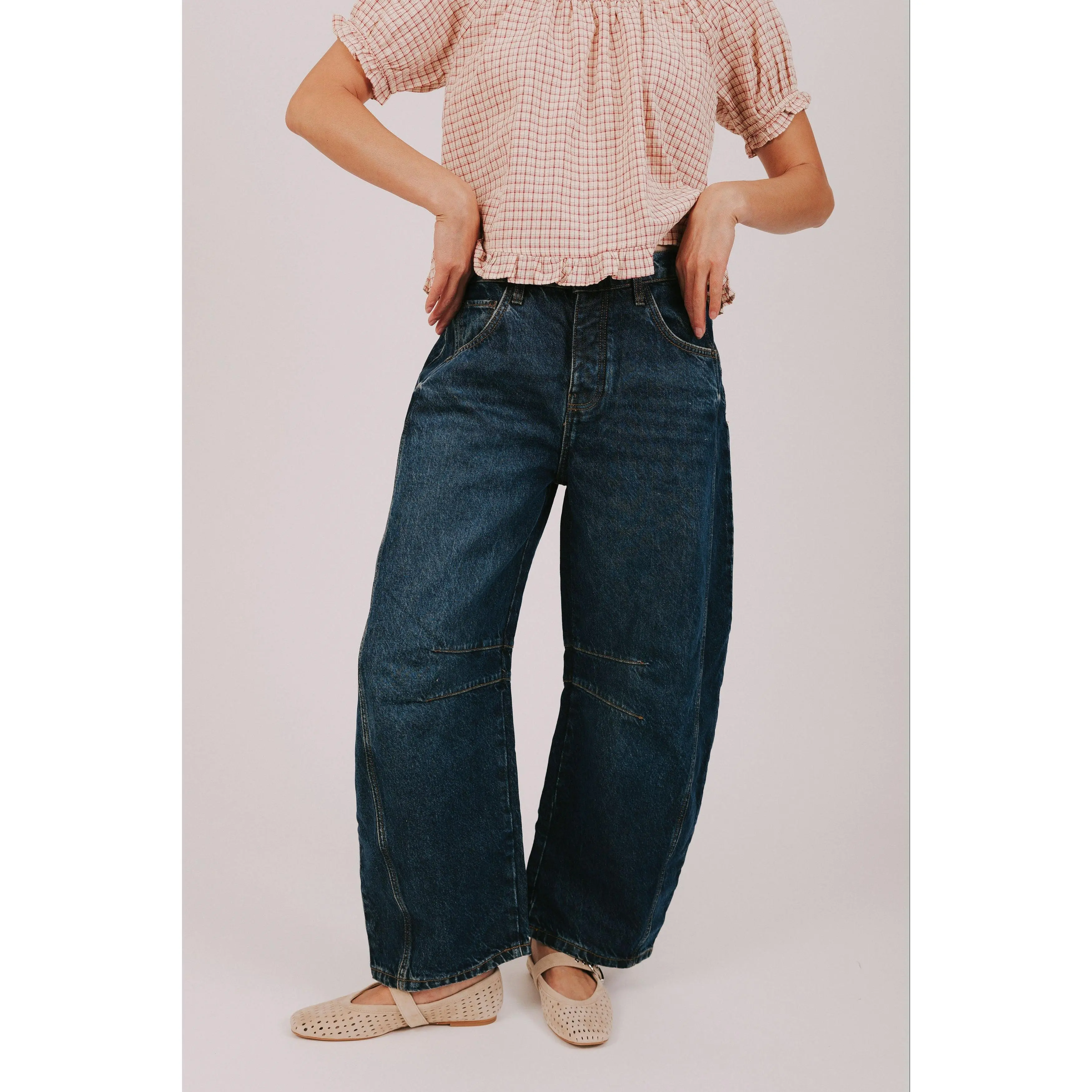 Free People Women's Good Luck Mid-Rise Barrel Jeans - Wide Leg, Flattering Loose Fitted, Button-Accented Button Fly, Functional Pockets, Quality Fabric, 7 Colors, Button Fly Jeans