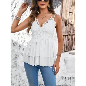 Women’s contrast lace crisscross shirred cami top, chic elegant tiered layered spaghetti strap sleeveless top for daily wear, ladies’ clothing for all seasons, going-out tops, womenswearGARMENTARY