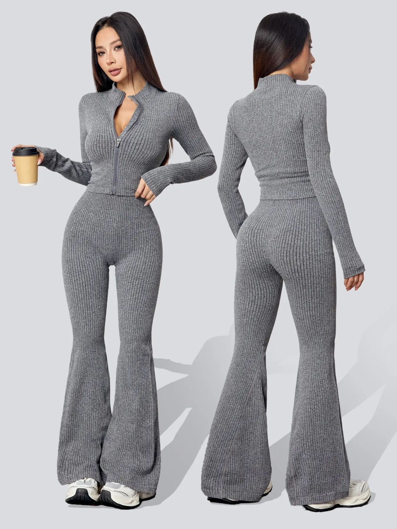 Women's Ribbed Sportswear Set, Abdominal Control Peach Hip Tight Pants Fitness Set, Slim-Fitting Casual Style, Below the Ankle, Fall & Winter, Athleisure Wear Set, Sweatsuit Set, Sweatsuit Outfits, Workout Sets Women