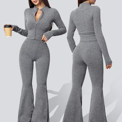 Women's Ribbed Sportswear Set, Abdominal Control Peach Hip Tight Pants Fitness Set, Slim-Fitting Casual Style, Below the Ankle, Fall & Winter, Athleisure Wear Set, Sweatsuit Set, Sweatsuit Outfits, Workout Exercise Clothing