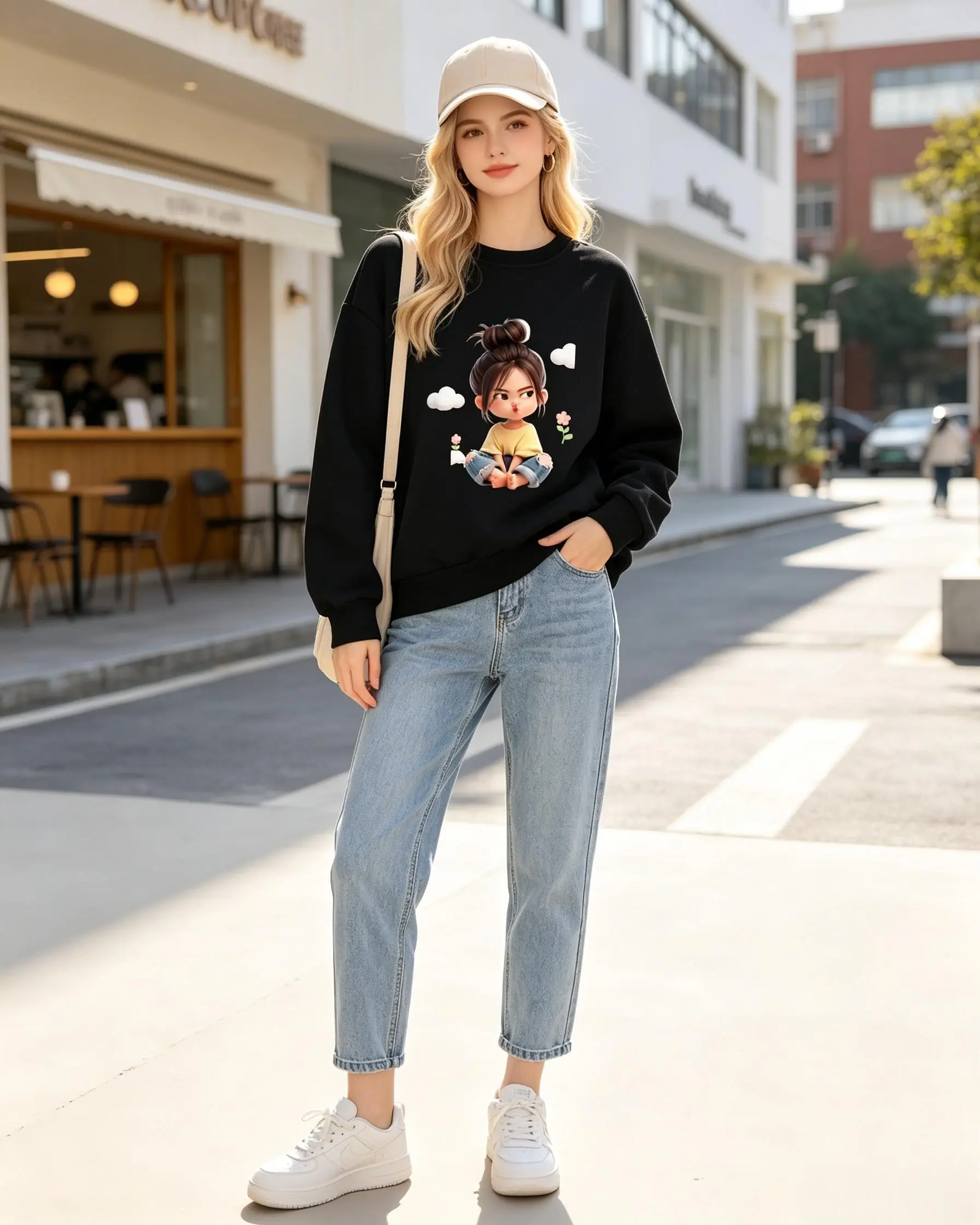 Sassy 3D Girl Flower Cloud Graphic Crewneck Sweatshirt Women Casual Fall Pullover