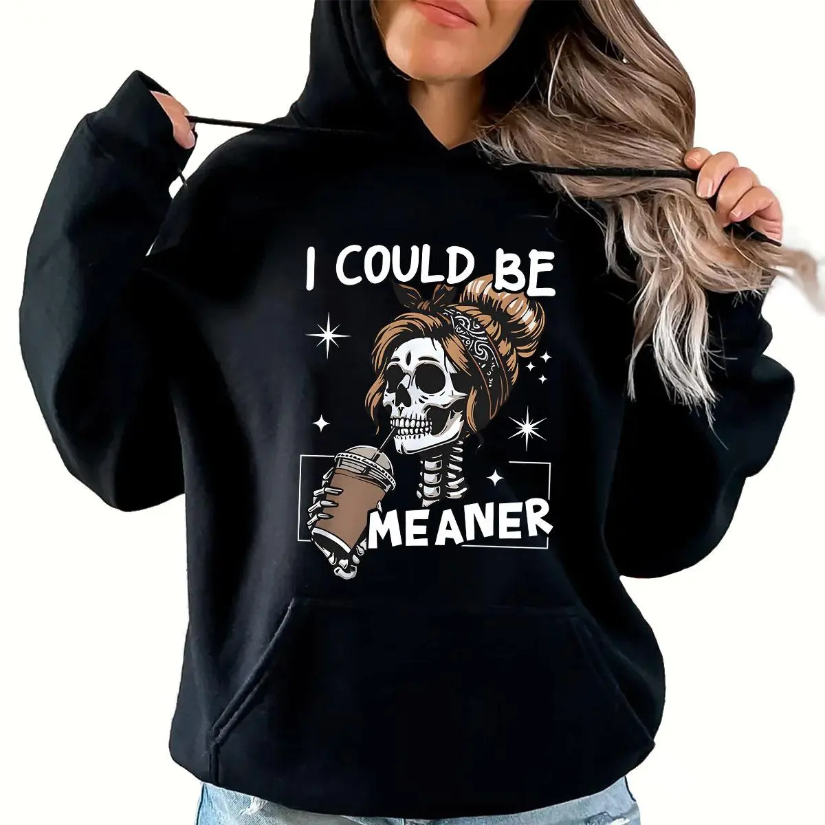 Unisex Skeleton Meme Pullover Hoodie, 'I Could Be Meaner' Graphic Printed Streetwear Tops in Soft 100% Cotton, Relaxed Fit, Multi-Size, Casual