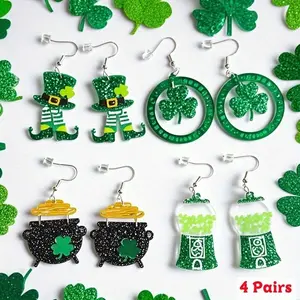 4 Pairs St. Patrick's Day Earrings Set, Glitter Green Lucky Clover Acrylic Dangle Earrings, Holiday Jewelry, St. Patrick's Day Gift