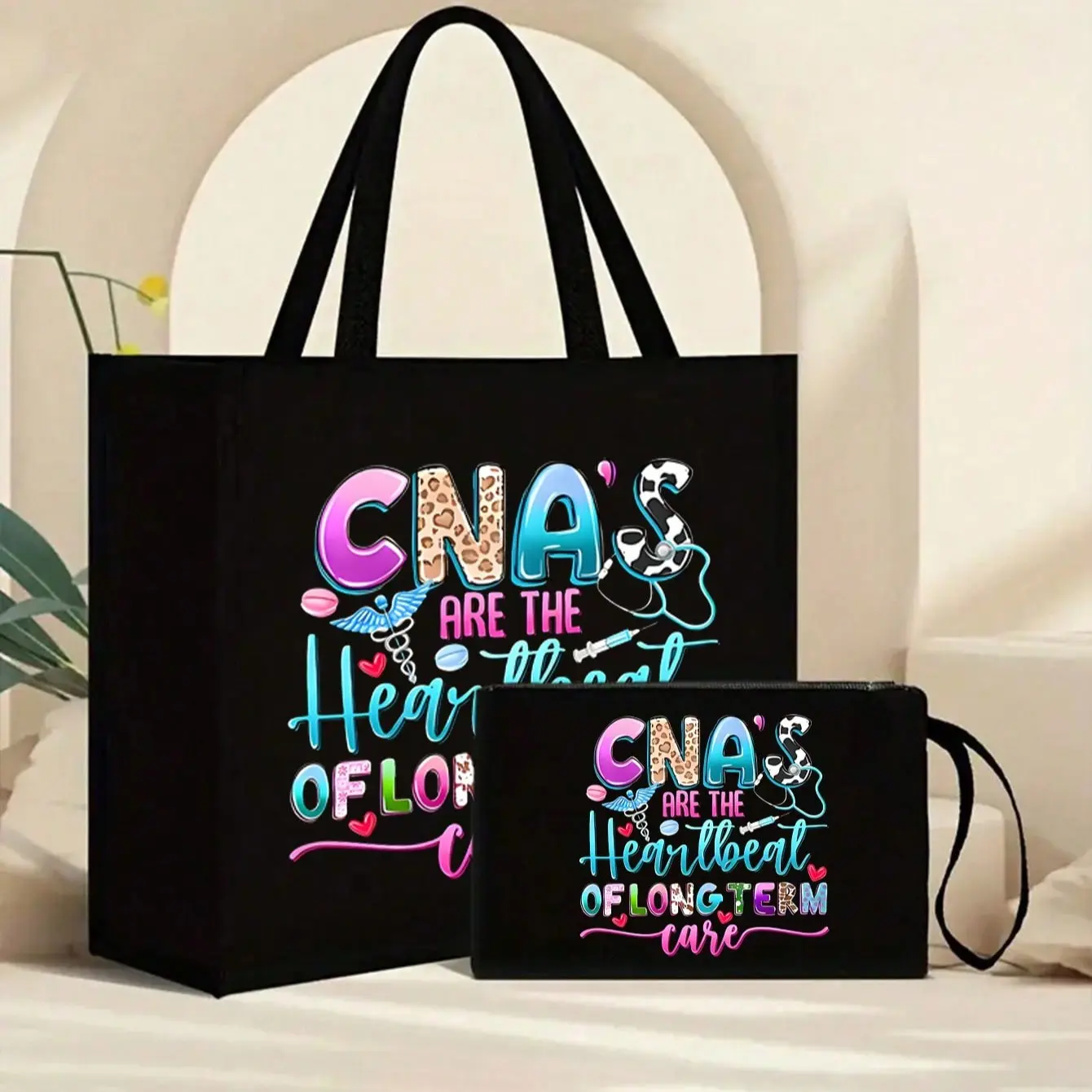 Fashion Cna Print Handbag Set with Makeup Bag, Large Capacity Travel Storage Bag, Commuter Shoulder Bag, Durable Fixed Strap
