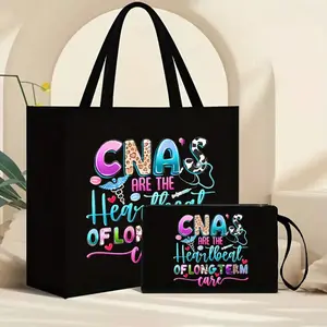 Fashion Cna Print Handbag Set with Makeup Bag, Large Capacity Travel Storage Bag, Commuter Shoulder Bag, Durable Fixed Strap