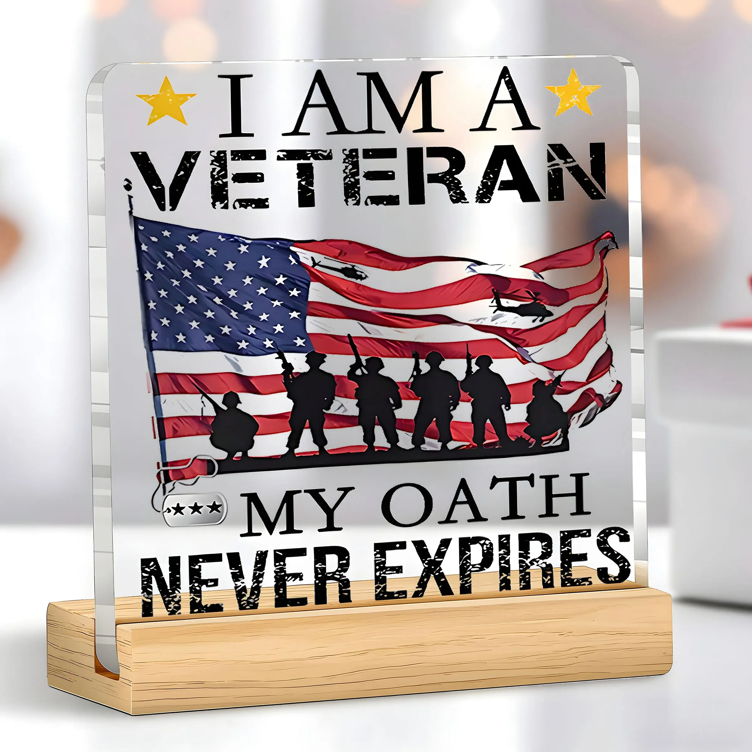Patriotic Military Acrylic Plaque, Desk Decor with Us Flag, Ideal Gift for Veterans, 2D Design, Home Office Decoration