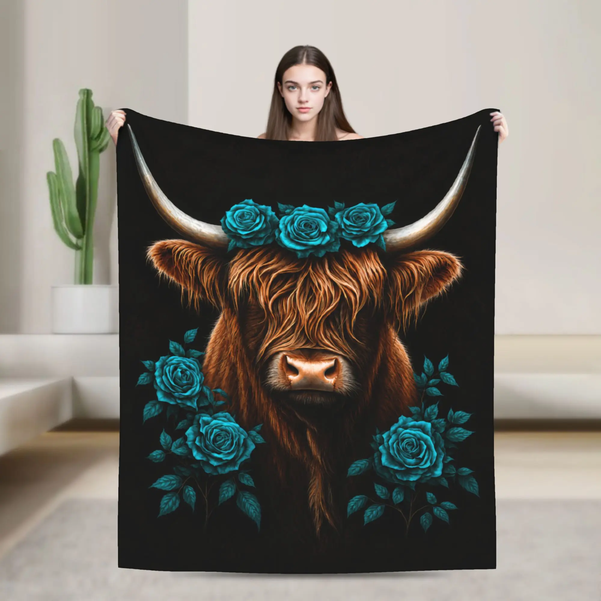 Highland Cow Flannel  Blanket  Teal Rose Flower Print  UltraSoft Lightweight Plush Warmth  Perfect for Living Room Couch Sofa Nap  Bedroom Bedding Decor  Winter Home Gift, Living Room Decor, Cotton Fabric