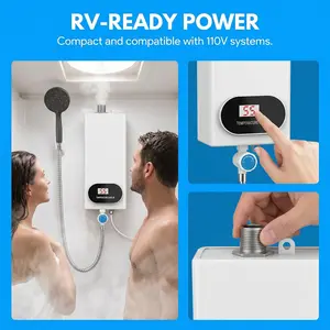 3500W Electric Tankless Water Heater Shower Head Set with LCD Display Instant Hot Water Easy Install for Bathrooms Kitchens and RVs White Stainless Steel Household Appliances