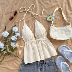Women's Knitted Backless Halter Top with Drawstring Detail, Sleeveless Summer Holiday Blouse