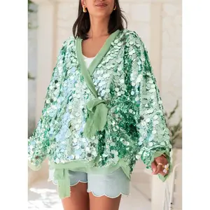 Women's Sequin Cardigan V Neck Front Wrap Tie Long Sleeve Beachwear Sparkling Tops