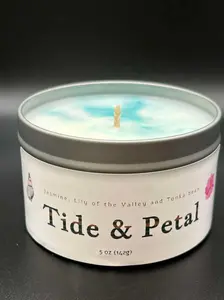 Sanbox Candle Co Tide & Petal 10oz Soy Wax Candle with Jasmine Lily of the Valley & Tonka Bean Scent White Teal Green Paraben Free