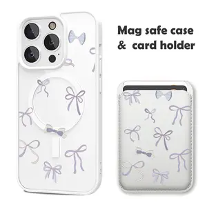 Blue Retro Bow White Clear MagSafe Compatible Phone Case & Card Holder Wallet Magnetic Shockproof Cover for iPhone 17 /16 Pro Max Cases for Samsung S25 Black Safety Protection