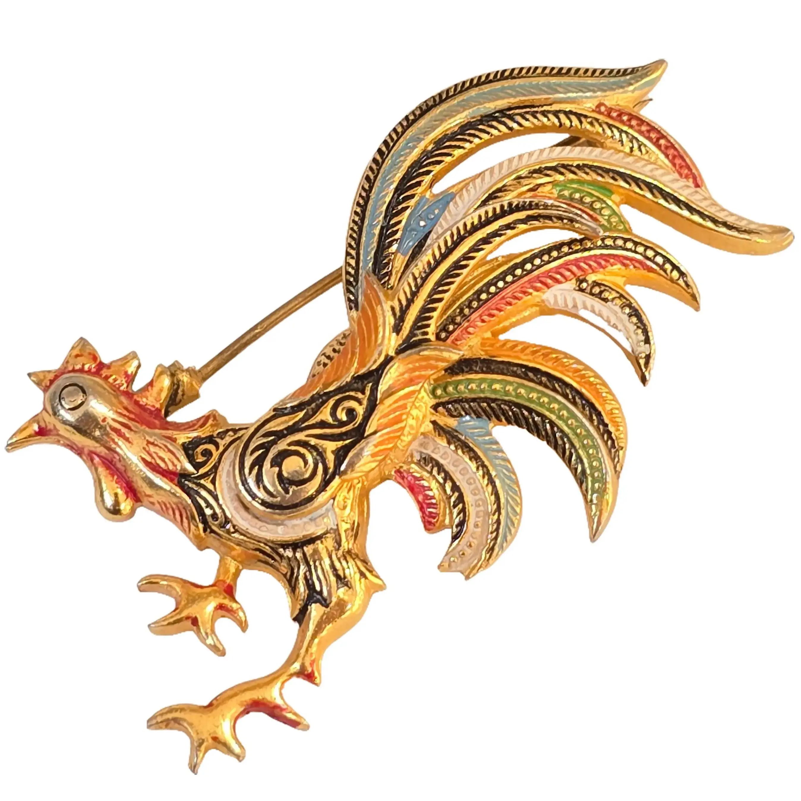 Vintage Gold Tone Rooster Chicken Brooch Pin with Polychrome Damascene Enamel Made in Spain Jewelry