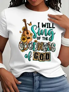Graphic Print Round Neck Short-Sleeve T-Shirt Featuring The Phrase 'I Will Sing of The Goodness of God' for Christian Women, Available in S 1XL to 5XL