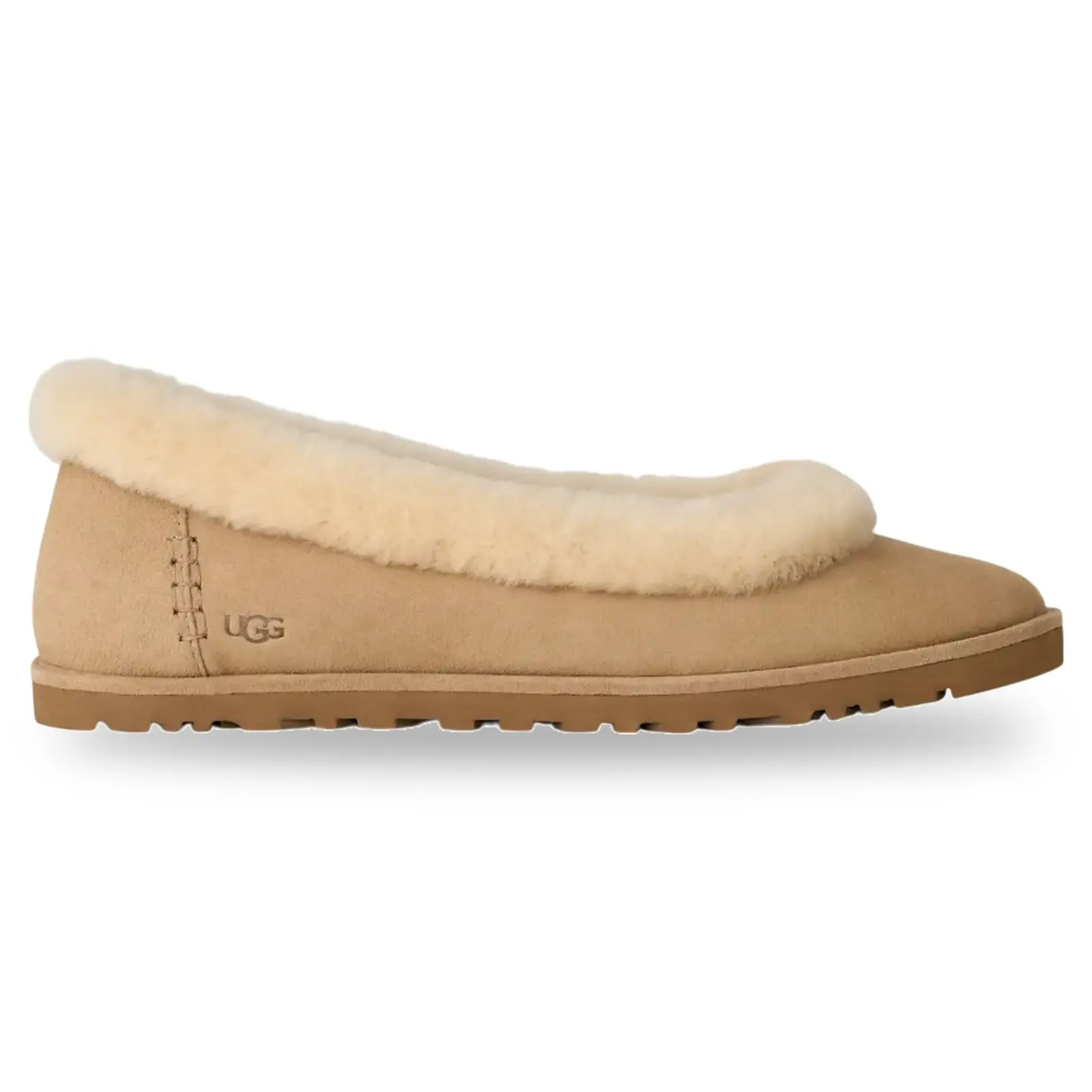 UGG Zora Women's Classic Slip On Suede Upper Ballet Flat, Comfortable Fuzzy Lined Slipper for Everyday Wear - Sand