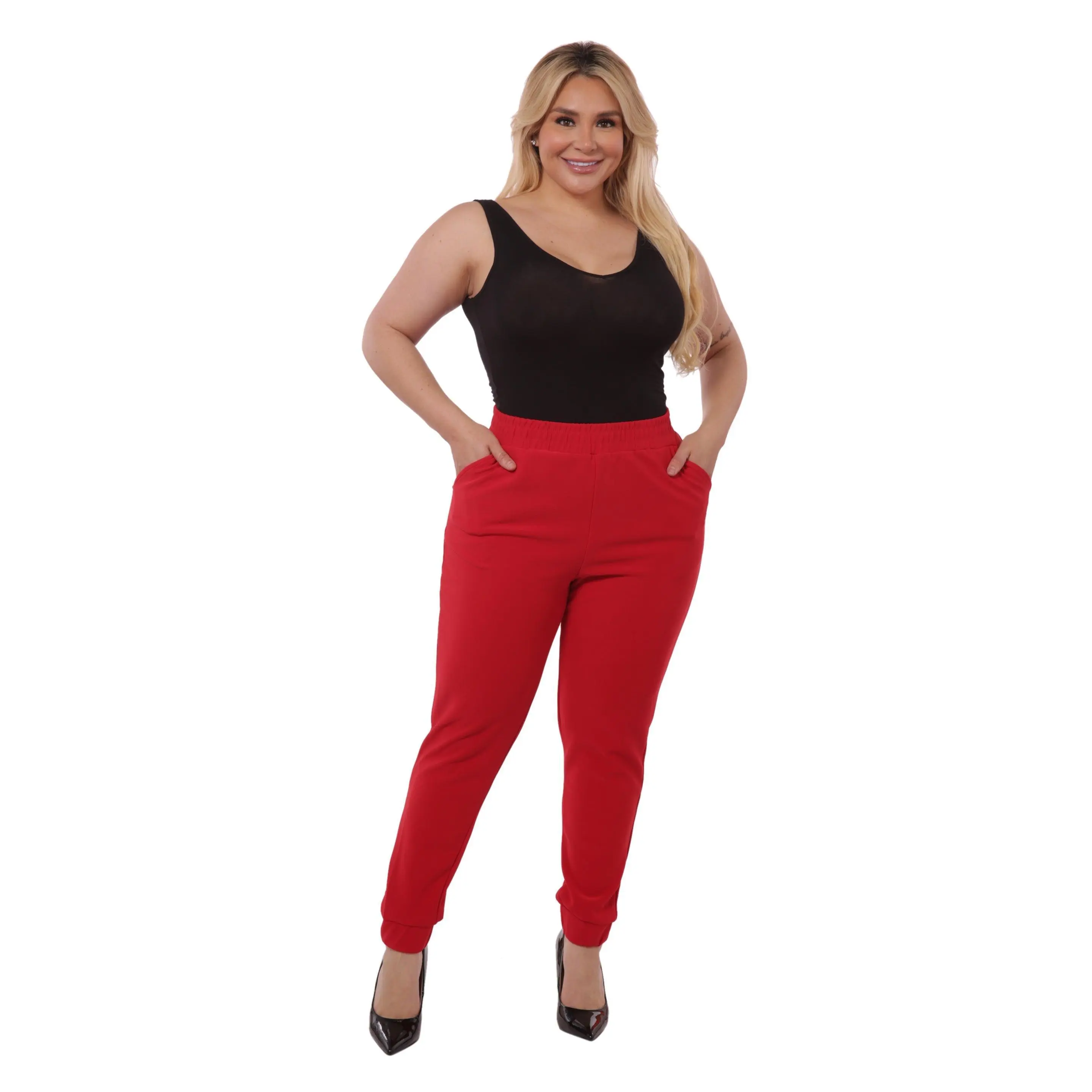 Plus Size Shirred Waist & Cuff Joggers With Pockets - Red