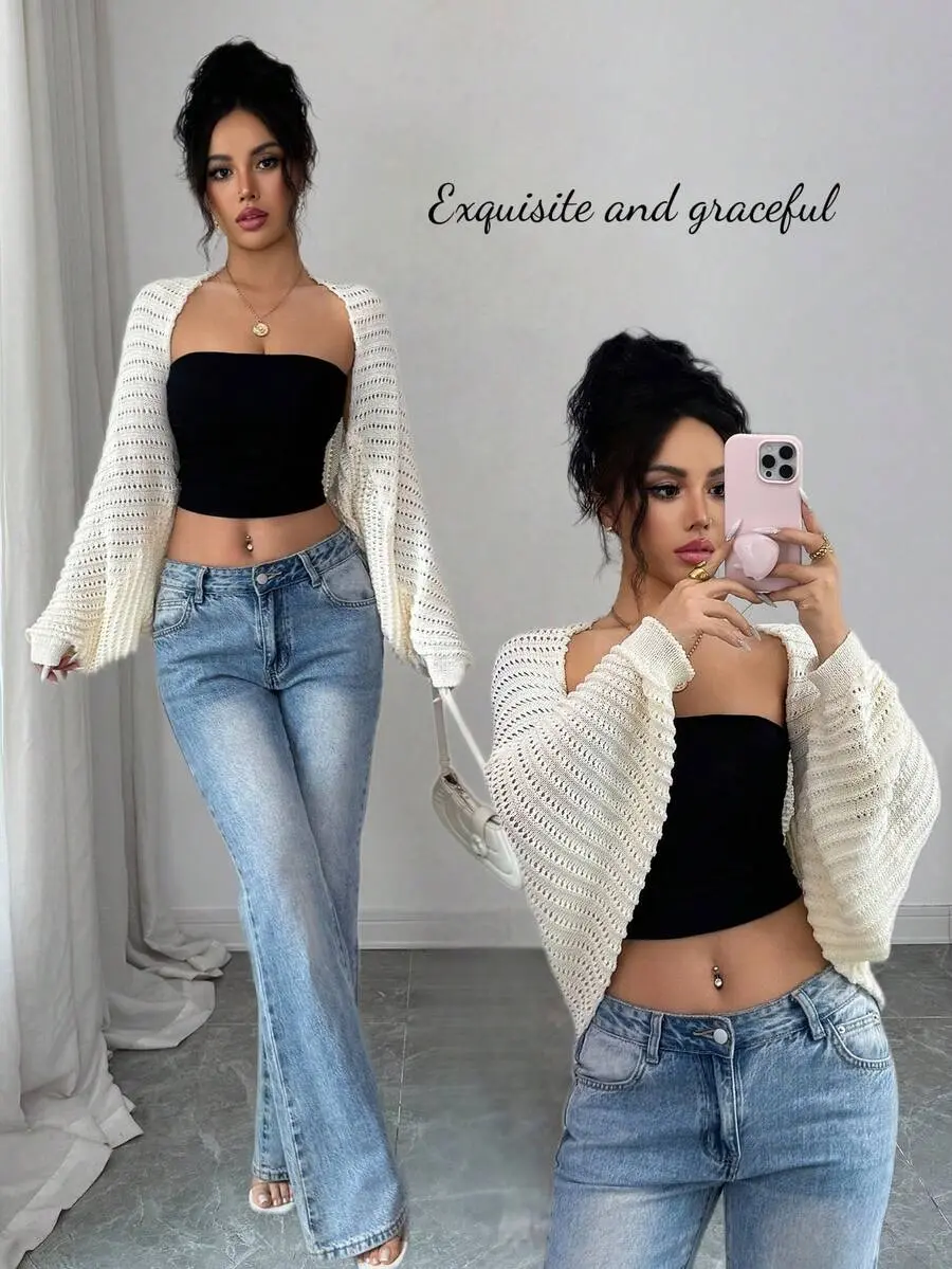LUNA LAYER Womens Off White Hollow Out Batwing Knit Cardigan Soft Casual Crop Sweater