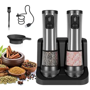 Electric Salt and Pepper Grinder, Automatic Sea Salt and Pepper Mill, Battery Display, Rechargeable Base, Large Capacity, 5 Adjustable Grind Settings, Salt Pepper Shakers